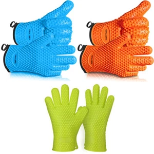 Set of BBQ Smoker Max Heat Resistant Grill Gloves Silicone Oven Mitts Washable - Picture 1 of 30
