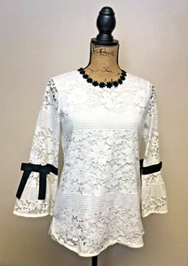 Karl Lagerfeld White Lace Black Trimmed Flared 3/4 Sleeve Top Blouse Sz Small/P - Picture 1 of 6
