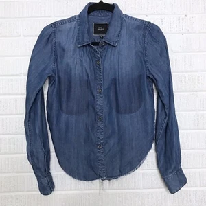 Rails XSmall Blue Chambray Raw Hem Long Sleeve Button Down Top Blouse Tencel - Picture 1 of 8