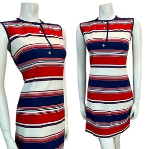 VTG 60S MOD STRIPED RED BLUE SCOOTER GOGO SLEEVELESS MINI DRESS SIZE 12 - Picture 1 of 8