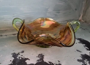 VINTAGE FENTON HONEYCOMB AND DAISY CARNIVAL BON BON DISH GREEN AND AMBER - Picture 1 of 10