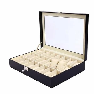 24 Grid Slots Watch Box Winder Jewelry Watches Case Holder Display Storage Box - Picture 1 of 11