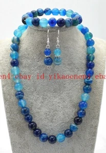 Natural 6-14mm Blue Stripe Agate Gems Round Beads Neckalce Bracelet Earring Set - Picture 1 of 12