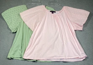 Gloria Vanderbilt Top Womens XXL Pink Green Short Flutter Eyelet Sleeve Lot of 2 - Picture 1 of 22