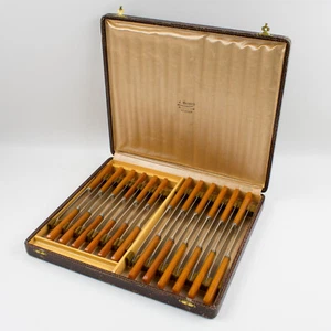 Vintage Art Deco Orange Bakelite and Stainless Steel Knives Set in Box, 24 pc - Picture 1 of 11