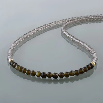 Natural Obsidiano & Cuarzo Fumé 3mm Cuentas Redondas 925 Cadena de Plata Hilos - Imagen 1 de 4