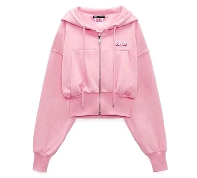 ZARA BARBIE THE MOVIE PINK CROP TOP SWEATSHIRT CROPPED HOODIE ZIP STRETCH S  - Image 1 of 4
