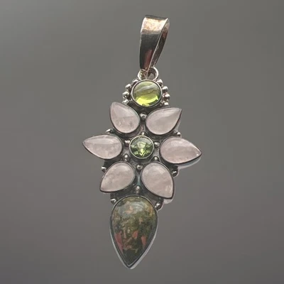 Pingente de peridoto e jaspe designer Sajen prata esterlina 925 quartzo rosa assinado - Imagem 1 de 4