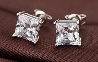 4Ct Princess Lab-Created Diamond Solitaire Stud Earrings 14K White Gold Plated - Image 1 of 4