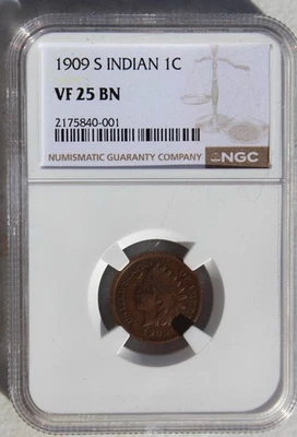 NGC 1909-S VF25 1 Cent Indian Head Penny - Image 1 of 4