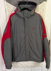 Vintage Y2K Nike Zip Up Hooded Fleece Lined Mini Swoosh Jacket Gray & Red sz XL - Picture 1 of 20