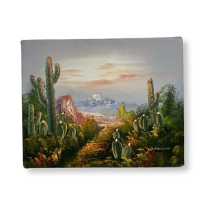 Vintage Desert Landscape Oil Painting on Canvas – Signed W.H. - Cactus Mountain - Picture 1 of 5