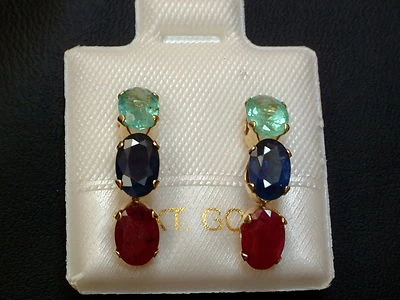 Exclusive Smaragd - Saphir - Rubin Halb Creolen 14 Kt. Gold - 585 - Oval Schliff - Bild 1 von 2