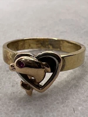 CUTE Solid 14K Tricolor Gold Created Ruby DOLPHIN & HEART Ladies Ring 3.4gr. - Image 1 of 4