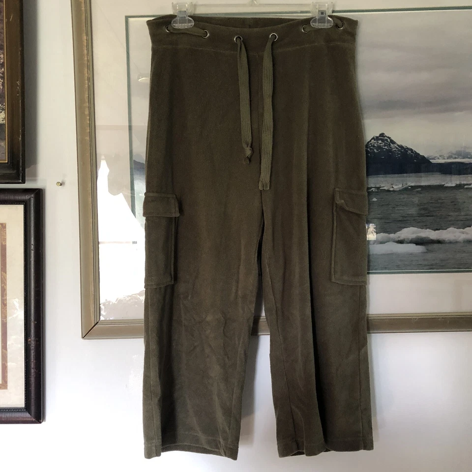 Vintage Cotton Olive Green Terry Cargo Crop Pants Y2K Sz S A1589 - Image 1 of 4