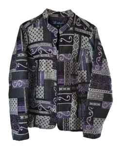 Susan Graver Style Jacket L Purple Silver Black Zip Up Band Collar Long Sleeve - Picture 1 of 8