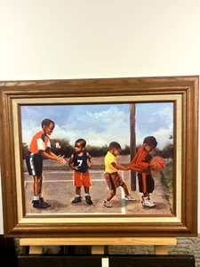 Rare Find-ROBERT BRASHER, BOYS PLAYING BASKET BALL GICLEE CANVAS Print, signed - Picture 1 of 6