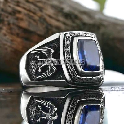 Piedras preciosas de zafiro azul corte cojín con anillo de plata de ley 925 para hombre #281 Foto 1 de 4