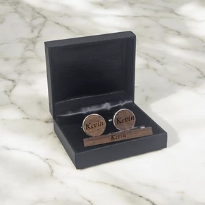 Personalised Cufflinks Tie Clip Gift Set Initials Walnut Wood Best Gift For Him - Picture 1 of 9