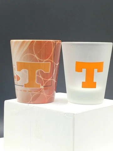 TENNESSEE VOLUNTEERS Set/2 Porcelain and Frosted Glass Shot Glass Orange/White Cover