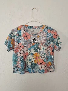 Adidas Crop Top Shirt Juniors Small 7/8 Floral Boho Short Sleeve Retro Peace - Picture 1 of 5