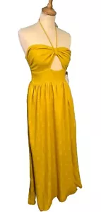 Billa Bong Mustard Floral Jacquard Weave Maxi Dress Halter Cut Out Bodice Size M - Picture 1 of 12