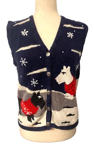 Vtg BOBBIE BROOKS Sweater Vest Women's S Scottie Westie Terrier Dogs Blue Winter - Picture 1 of 13