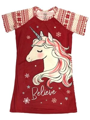 Girls Red Short Sleeve Flannel Snowflake Unicorn Nightgown Sleep Shirt - Image 1 of 2