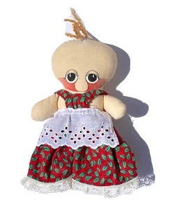 Jan Walker 1997 Contemporary Cloth Rag Doll Christmas Holly Dress Lace Apron 8" - Picture 1 of 7