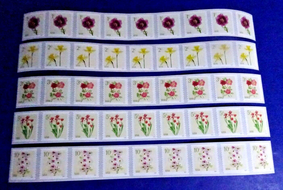 US FLOWERS NEW ISSUE DATE 7/18/24 (1c,2c,3c,5c,10c) SET OF "5" COIL STRIPES OF 9 - Image 1 of 1