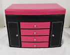 Leather Large Jewelry Box Organizer Pink and Black 4 Drawer Mirror