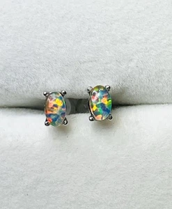 925 Sterling Silver Flashy Rainbow Australian Opal Certified Stud Earrings 2 - Picture 1 of 12