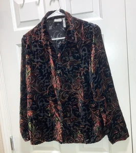 Weißer Hirsch Shirt Damen schwarz rot Samt Ausbrenner Blumen Knopfleiste Langarm M - Bild 1 von 5