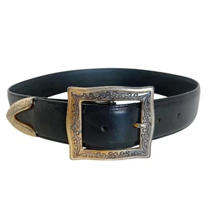 Vintage Land's End Black Leather Belt Silver Engraved Buckle Size 26 Western - Picture 1 of 6
