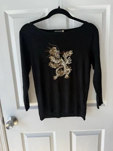 Chinesischer Drache Pailletten Pullover M Gold Schwarz Mond Neujahr Glitzer Verziert Top - Bild 1 von 4