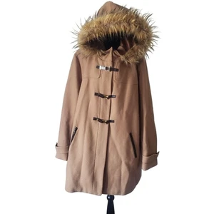 Cole Haan Womens Tan Faux Fur Trim Walker Coat Size 1X Wool Blend Winter Warm - Picture 1 of 13