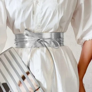 Modischer Boho Vegan Leder Gürtel Breit Korsett Stil mit Fliege Akzent Silber - Bild 1 von 11