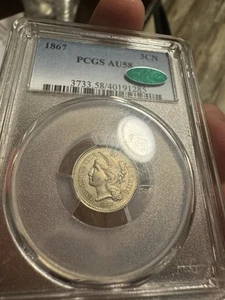 1867 3 Cent Nickel PCGS AU58 CAC - Picture 1 of 3