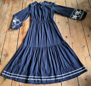 Marks & Spencer Navy Embroidered Linen Tiered Maxi Dress UK 12 EX CON. WORN ONCE - Picture 1 of 18