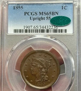1855 UP 55 BRAIDED HAIR LARGE CENT CAC PCGS MS 65 BR INVESTMENT GRADE NO RESERVE - Picture 1 of 9