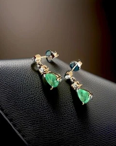 Diamond Emerald Earrings in 9ct White Gold Pear Cut Drop Stud - Picture 1 of 10