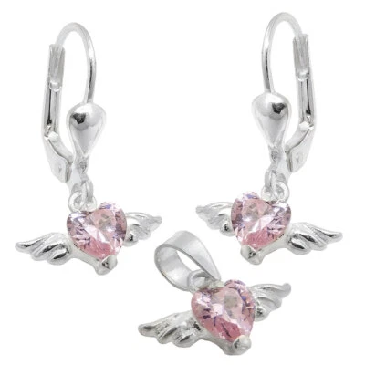 Set Ciondolo & Orecchini Cuore Di Zirconia Fucsia Con Ali 925 Argento, Donna - Immagine 1 di 2