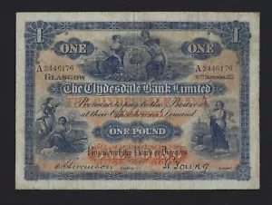 SCOTLAND CLYDESDALE BANK 1 POUND 1925 P-185 VF+ RARE Great Britain UK - Picture 1 of 2