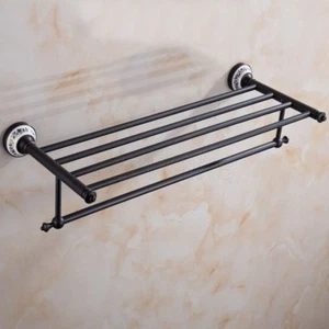 Black Brass Wall Mount Bathroom Bath Shelf Towel Rack Holder With Towel Bar - Picture 1 of 7