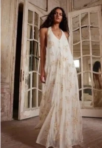 Free People Maxi Dress Gown Sz M Halter Boho Beaded Floral Open Back Party Glam - Picture 1 of 23