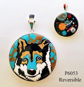 2 in1 Handcrafted Galaxy Turquoise Inlay .925 Silver Wolf Medallion Pendant - Picture 1 of 4