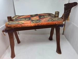 ANTIQUE EGYPTIAN CAMEL SADDLE STOOL WOOD CARVED HEAD LEATHER BRASS BELL - Picture 1 of 14