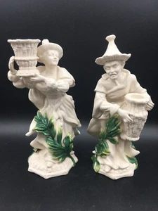 Fitz Floyd Fishman Korb figürlicher Kerzenhalter grünes Blatt asiatische Männer Paar 10,5" - Bild 1 von 23