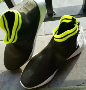 New- Zara Womens High top Sneaker. Dark Army Green with Neon green - Size 8. - Picture 1 of 4