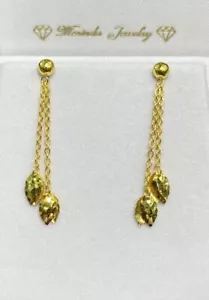 24k Solid Yellow Gold Lady Ball Leaf Threader Earrings. 3.27 Grams - Picture 1 of 9